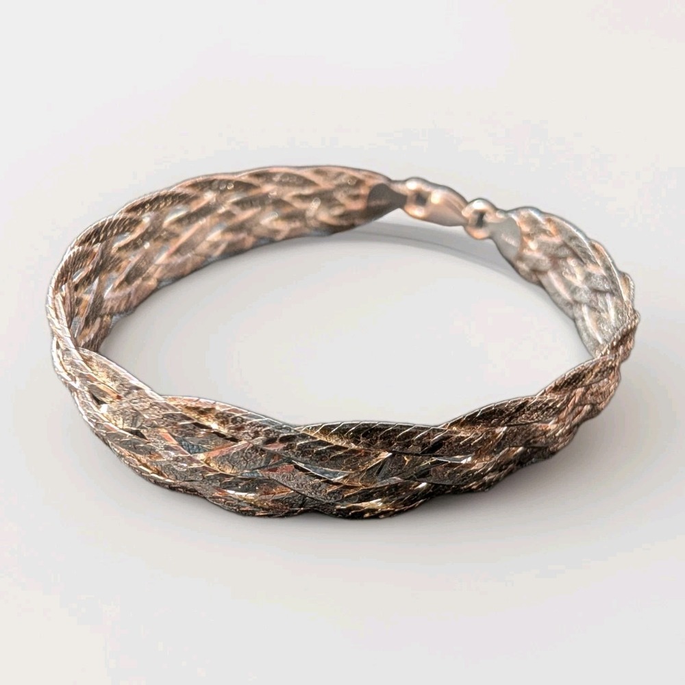 Sterling Silver 925 Herringbone Braided‎ Chain Bracelet Made Italy 7"